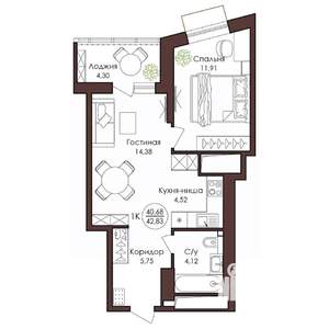 1-к квартира, вторичка, 43м2, 17/23 этаж