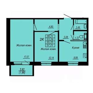 2-к квартира, строящийся дом, 55м2, 1/10 этаж