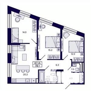 4-к квартира, строящийся дом, 78м2, 7/30 этаж