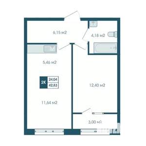 2-к квартира, строящийся дом, 43м2, 7/17 этаж