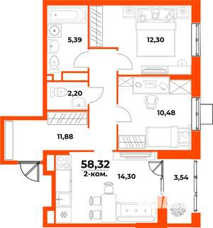 2-к квартира, вторичка, 58м2, 6/10 этаж