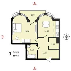 1-к квартира, строящийся дом, 59м2, 4/25 этаж