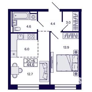 2-к квартира, строящийся дом, 45м2, 8/22 этаж