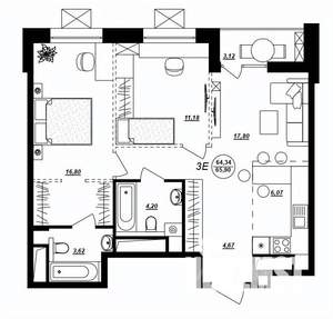 3-к квартира, строящийся дом, 66м2, 3/17 этаж