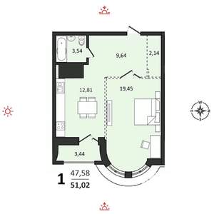 1-к квартира, вторичка, 51м2, 22/25 этаж