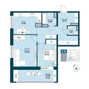 2-к квартира, вторичка, 65м2, 5/19 этаж