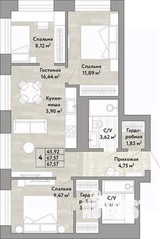 4-к квартира, вторичка, 68м2, 20/22 этаж