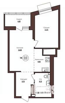 1-к квартира, строящийся дом, 43м2, 19/23 этаж
