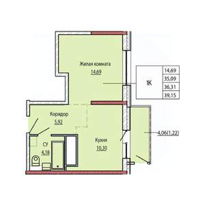 1-к квартира, строящийся дом, 36м2, 23/25 этаж