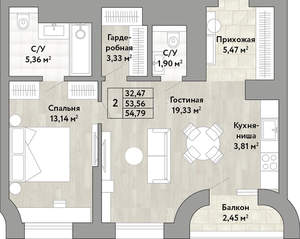 2-к квартира, вторичка, 54м2, 18/22 этаж