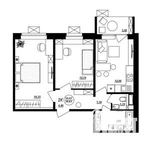 2-к квартира, строящийся дом, 57м2, 1/10 этаж