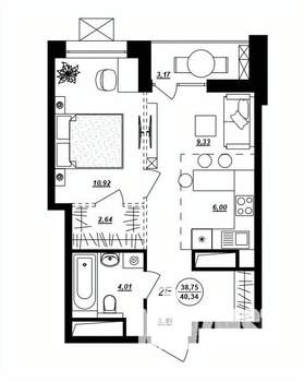 2-к квартира, строящийся дом, 40м2, 2/17 этаж