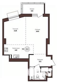 1-к квартира, строящийся дом, 44м2, 18/23 этаж
