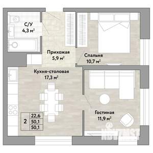 2-к квартира, строящийся дом, 50м2, 2/22 этаж