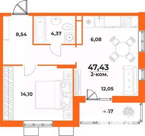 2-к квартира, вторичка, 47м2, 2/10 этаж