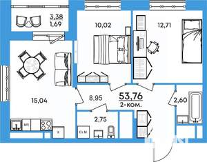 2-к квартира, вторичка, 54м2, 2/17 этаж