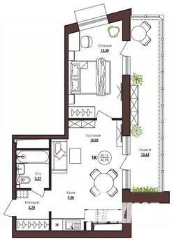 1-к квартира, строящийся дом, 47м2, 19/23 этаж