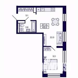 2-к квартира, строящийся дом, 43м2, 7/30 этаж