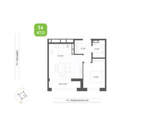 1-к квартира, вторичка, 47м2, 4/9 этаж