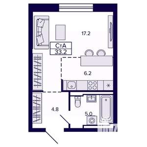 1-к квартира, строящийся дом, 33м2, 11/22 этаж