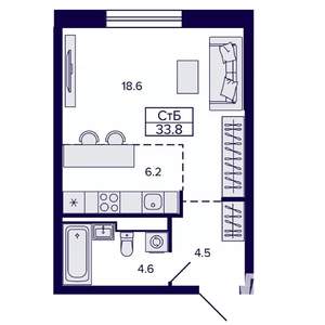 Студия квартира, вторичка, 34м2, 6/22 этаж