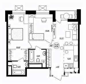 3-к квартира, строящийся дом, 65м2, 1/17 этаж