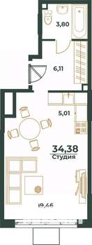 Студия квартира, вторичка, 34м2, 3/24 этаж