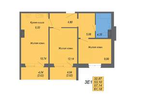 3-к квартира, строящийся дом, 61м2, 5/10 этаж