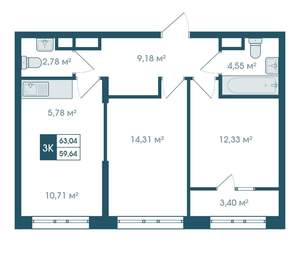 3-к квартира, вторичка, 63м2, 12/15 этаж