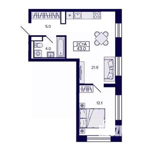 2-к квартира, строящийся дом, 43м2, 14/30 этаж