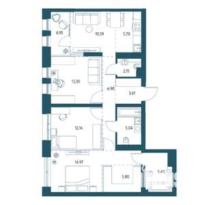 3-к квартира, вторичка, 88м2, 12/17 этаж