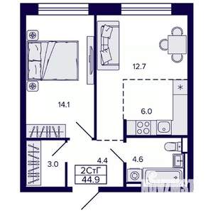 2-к квартира, строящийся дом, 45м2, 8/22 этаж