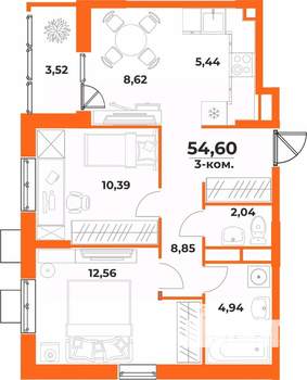 3-к квартира, вторичка, 55м2, 2/10 этаж