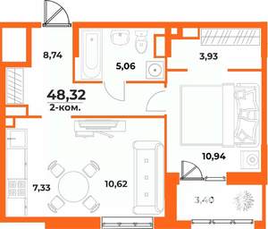 2-к квартира, строящийся дом, 48м2, 2/10 этаж