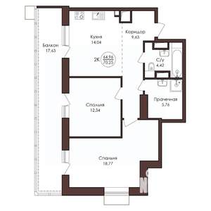 2-к квартира, вторичка, 70м2, 6/23 этаж