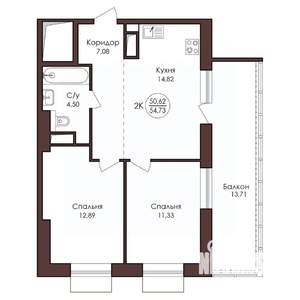 2-к квартира, вторичка, 55м2, 14/23 этаж