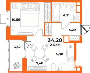 2-к квартира, вторичка, 34м2, 8/10 этаж