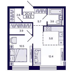 2-к квартира, строящийся дом, 44м2, 19/22 этаж