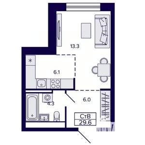 1-к квартира, строящийся дом, 30м2, 4/22 этаж