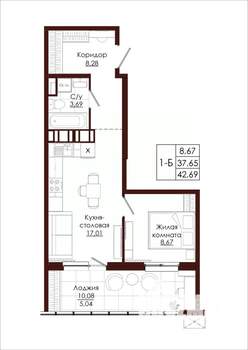 1-к квартира, вторичка, 43м2, 13/19 этаж