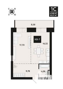 1-к квартира, вторичка, 52м2, 1/8 этаж