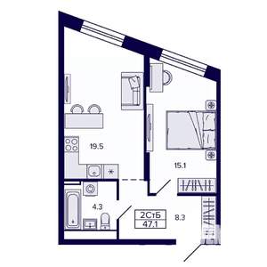 2-к квартира, строящийся дом, 47м2, 18/30 этаж