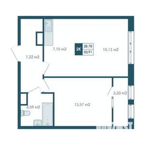2-к квартира, строящийся дом, 51м2, 14/15 этаж