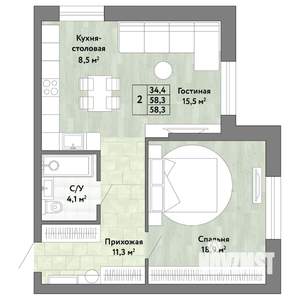 2-к квартира, вторичка, 58м2, 1/22 этаж