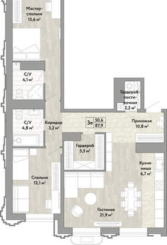 3-к квартира, вторичка, 88м2, 17/21 этаж