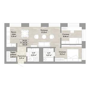 3-к квартира, строящийся дом, 60м2, 8/22 этаж