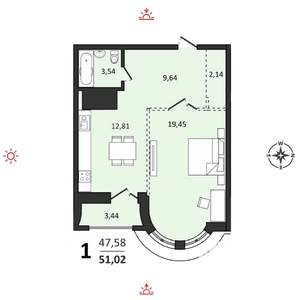 1-к квартира, вторичка, 51м2, 25/25 этаж