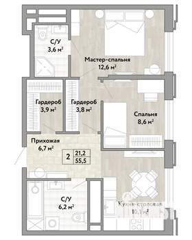 2-к квартира, вторичка, 56м2, 12/14 этаж