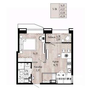 1-к квартира, вторичка, 43м2, 4/15 этаж