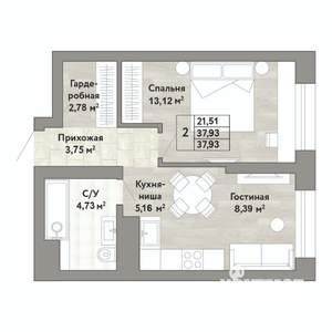 2-к квартира, вторичка, 38м2, 7/22 этаж